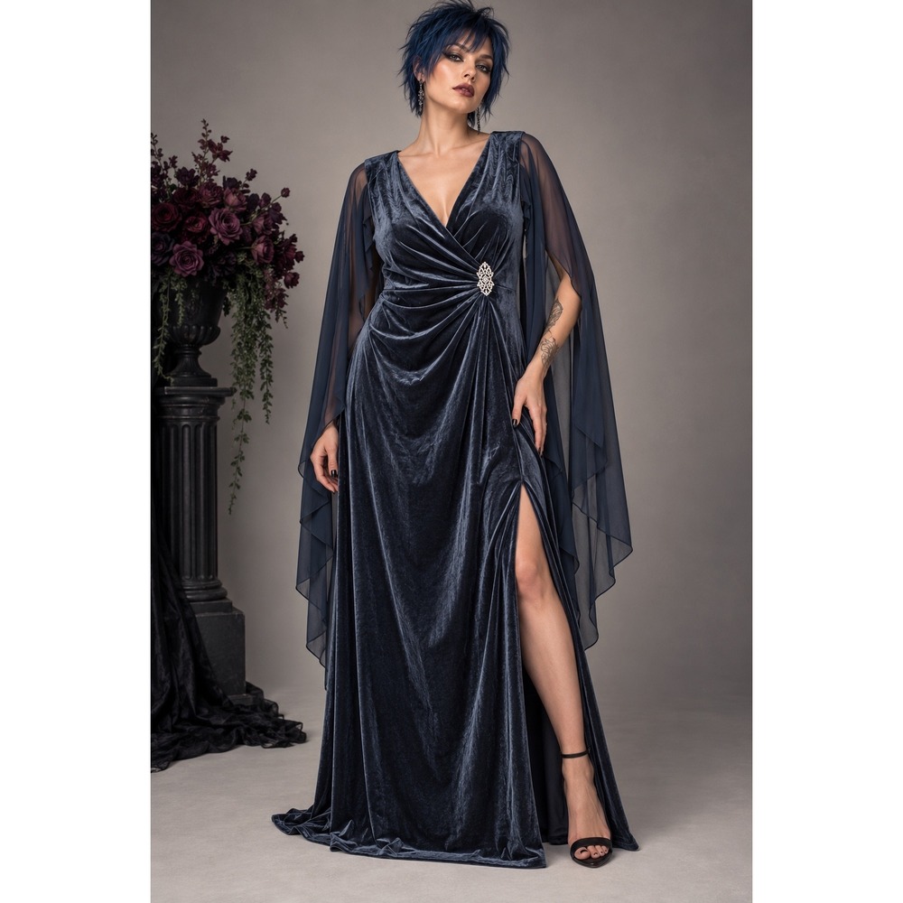 R&M Richards 16W Charcoal Velvet Cape Dress Rhinestone Formal Gown Side Slit